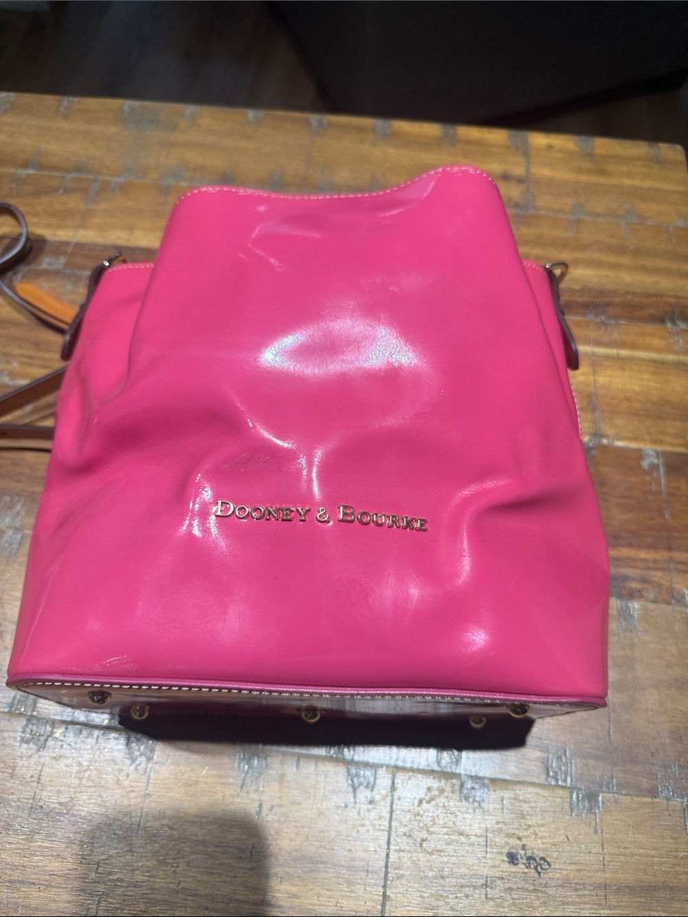 Dooney & Bourke Pink-Red Patent Satchel with Tan Trim - Picture 3 of 10